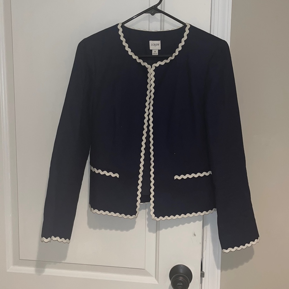 J Crew navy blazer with white rick rack